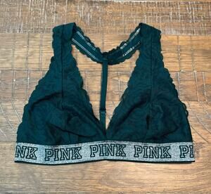 Victoria's Secret PINK Forest Green Lace Halter Bralette Large Plunging Lace Top